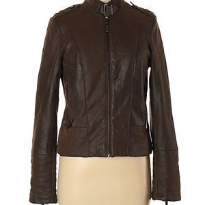 Brown Vegan Faux Leather Jacket Womens Size M Zip Up Biker Coat Bomber Jacket